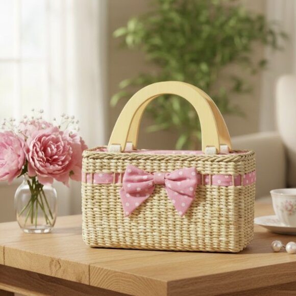 Raffia Straw Purse Vintage Pink Polka Dot Gingham Bow Handbag Wooden Handles - Picture 1 of 6